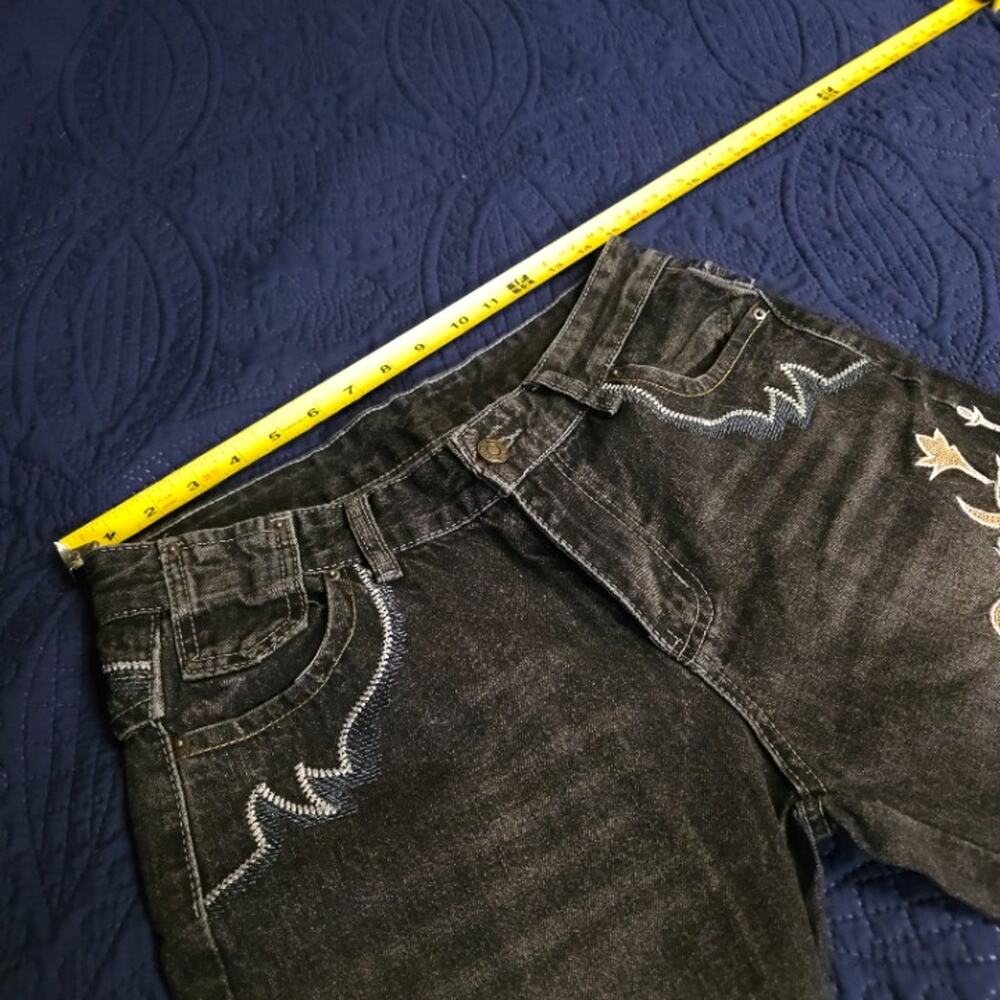 Embroidered Flare Jeans Charcoal Wash Button Flap Pockets W28 Good Condition - Picture 7 of 8